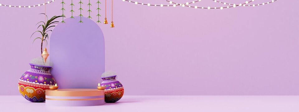 product display, pongal festival in white background with pongal pot, sugar can, bull, speaker, diya and tradition design, 3d render