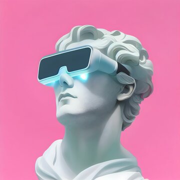 Ai generated male sculpture with VR headsets on a pink background