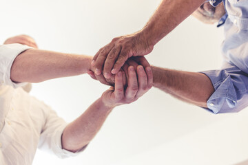 Fototapeta premium Handshake, support and b2b collaboration partnership success in team meeting and welcome employee to startup company. Shaking hands, thank you and contract deal after interview with business manager