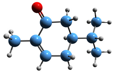  3D image of carvotanacetone skeletal formula - molecular chemical structure of monoterpenoid isolated on white background
