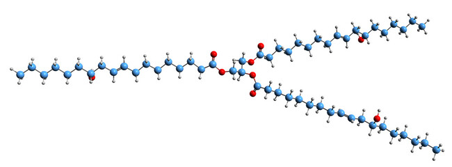  3D image of ricinoleate acid skeletal formula - molecular chemical structure of Castor oil phytochemical isolated on white background

