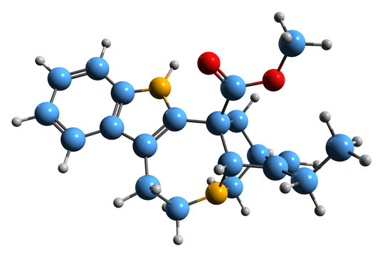  3D image of Catharanthine skeletal formula - molecular chemical structure of terpene-indole alkaloid isolated on white background
