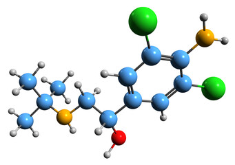  3D image of Clenbuterol skeletal formula - molecular chemical structure of  sympathomimetic amine isolated on white background
