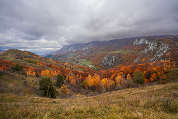 Visit Romania. Landscape of Dumesti village from Alba, Transylvania, with traditional old houses with thatched roof at the bottom of autumn color mountains.