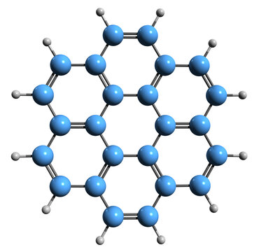  3D image of Coronene skeletal formula - molecular chemical structure of polycyclic aromatic hydrocarbon superbenzene isolated on white background