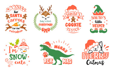 Set of kids Christmas sign with quotes. Funny baby vector designs. Set of winter holiday symbols with saying. Christmas emblem designs. Festive design for badges and cards.