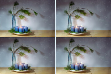 Four images with blue candles, lighted for the first to fourth advent, vase with pine branches, snowy bokeh on the purple gray background, series for the Christmas season, copy space,