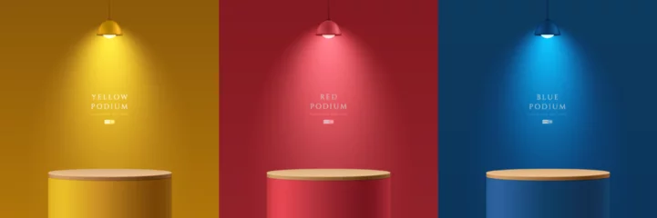 Gordijnen Set of yellow, dark blue, red realistic 3d cylinder stand podium in empty rooms with hanging neon light. Stage for showcase, Product display. Vector rendering geometric forms. Abstract minimal scene. © Riseness