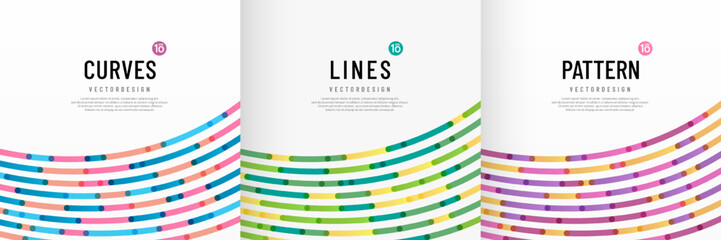Set of colorful curve stripes lines and round dots pattern on a white background with copy space. Random lines texture in trendy color. Simple and minimal flat banner design. Vector illustration.