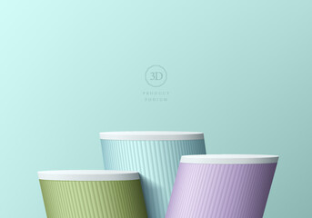 Abstract 3D empty room background with steps realistic blue, green, purple cylinder stand podium. Pastel minimal wall scene for mockup product display. Geometric forms design. Round stage showcase.
