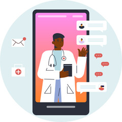 Online medical consultation. Medical and health care concept. Vector flat illustration. Smartphone screen with female therapist chatting in messenger and online consultation. Ask a doctor.