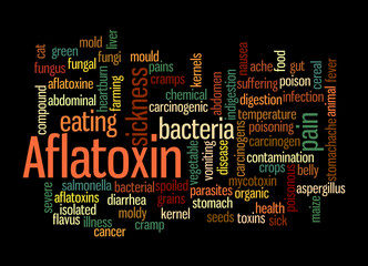 Word Cloud with AFLATOXIN concept, isolated on a black background