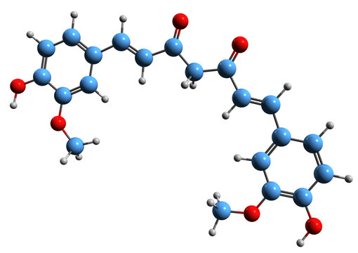  3D image of Curcumin skeletal formula - molecular chemical structure of food coloring Diferuloylmethane isolated on white background
