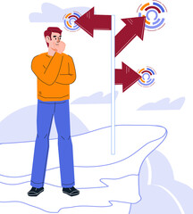 Man thinking in front of arrows with direction signs. Path choice, business strategy decision or career path.