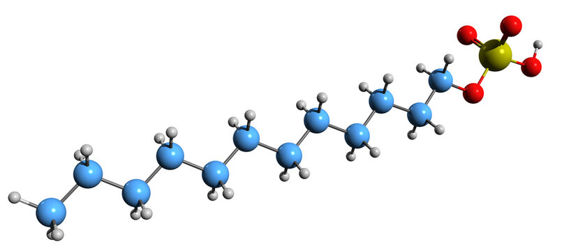  3D image of laureth sulfate skeletal formula - molecular chemical structure of lauryl ether sulfate isolated on white background
