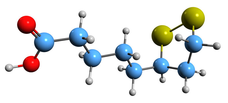  3D image of Lipoic acid skeletal formula - molecular chemical structure of  organosulfur compound thioctic acid isolated on white background