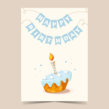 Happy Birthday Greeting Card in blue colour. Postcard with cake and candle for birthday wishes. Vector illustration