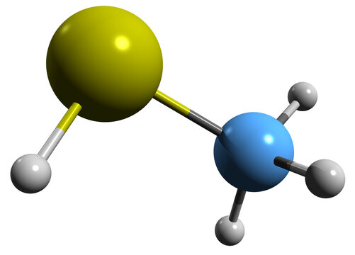  3D image of Methanethiol skeletal formula - molecular chemical structure of  organosulfur compound Thiomethyl alcohol isolated on white background
