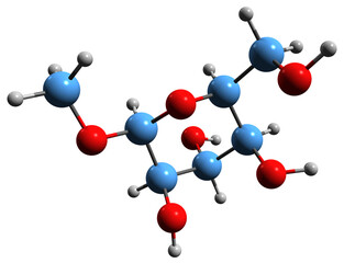 3D image of Methylglucopyranoside skeletal formula - molecular chemical structure of  monosaccharide 1-O-Methyl-D-glucopyranose isolated on white background