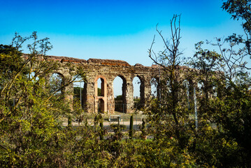 Ancient roman aqueduct ouside Rome, surrounded by trees