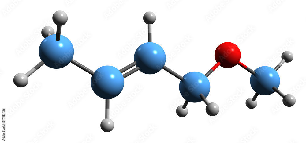 Sticker 3d image of methoxybutene skeletal formula - molecular chemical structure of 1-methoxybut-1-ene isol