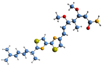  3D image of Myxothiazol skeletal formula - molecular chemical structure of fungus metabolite isolated on white background
