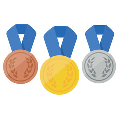 set of sports medals. Templates, layouts for sports design. Gold, silver and bronze award with blue ribbon.