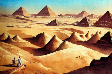 Obraz na płótnie Canvas Pyramids in hot desert of Egypt. Travel and destination. Holiday adventure
