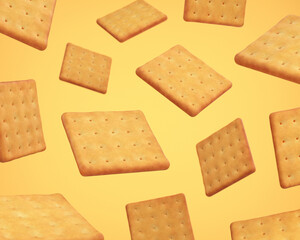 Square yellow cookie cracker falling on beige background, 3d render
