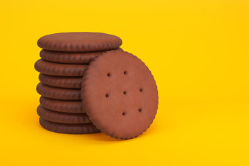 Stack of round chocolate cracker cookies on a yellow background, 3d render