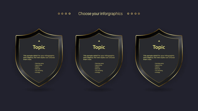Set of three dark and golden infographic place on dark background, three premium banner vector and buttons design.