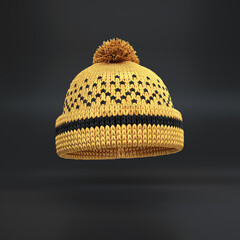 Golden knitted hat with a pattern floating on a black background, 3d render