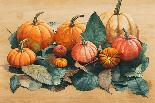 Happy Thanksgiving text with pumpkins and leaves. Watercolor background