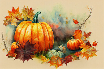 Naklejka na ściany i meble Happy Thanksgiving text with pumpkins and leaves. Watercolor background