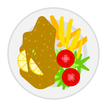 MilanesaVectorial illustration of a schnitzel plate with tomate salad and french fries, breaded-beef steak.