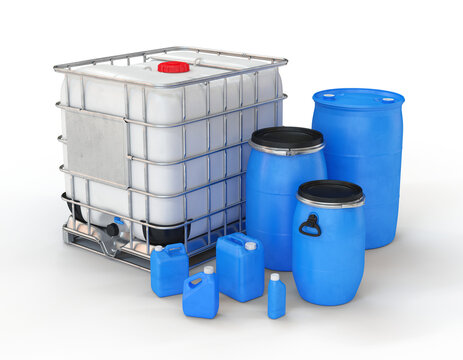 Collection of plastic barrels, containers and bottles for liquids on a white background, 3d render