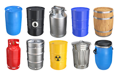 Collection of containers for storing various liquids, substances and materials on a white background, 3d render