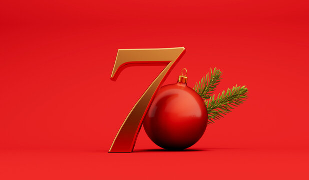 The 12 days of christmas. 7th day festive background gold lettering with bauble. 3D Rendering