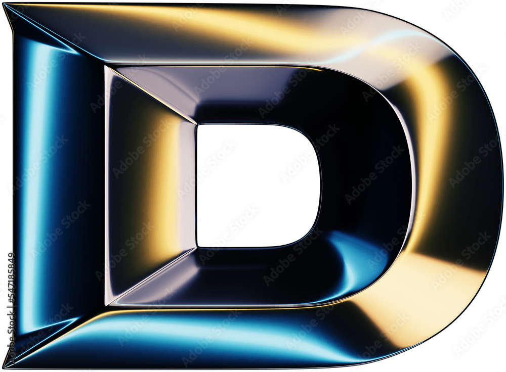 Fototapete 3d rendering of glossy chrome letter d with shining lights effect