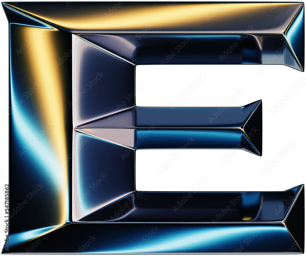 Fototapete 3d rendering of glossy chrome letter e with shining lights effect