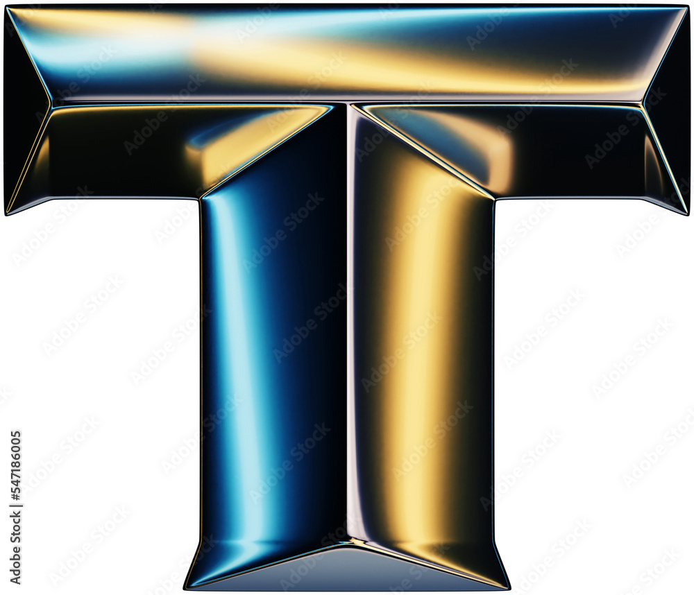 Fototapete 3d rendering of glossy chrome letter T with shining lights effect