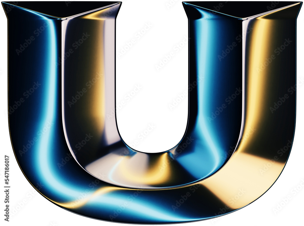 Fototapete 3d rendering of glossy chrome letter u with shining lights effect