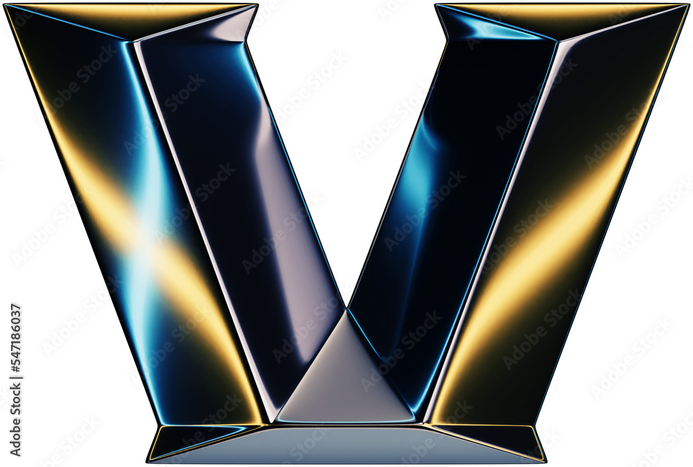 Fototapete 3d rendering of glossy chrome letter V with shining lights effect