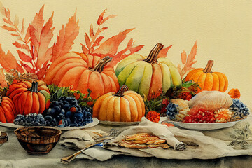 Happy Thanksgiving text with pumpkins and leaves. Watercolor background