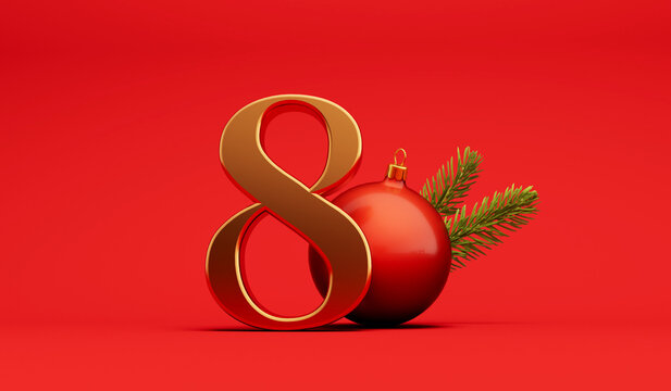 The 12 days of christmas. 8th day festive background gold lettering with bauble. 3D Rendering