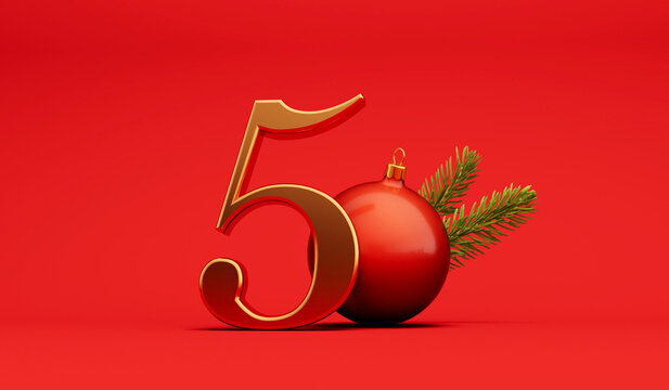 The 12 days of christmas. 5th day festive background gold lettering with bauble. 3D Rendering