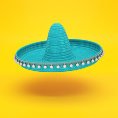 Turquoise sombrero hat floating on a yellow background, 3d render