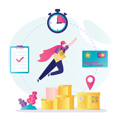Deliveryman looking like super hero flies through sky. Payment for delivery by credit card. Worker with parcels. Courier deliver packages to client on schedule, punctuality, just in time.