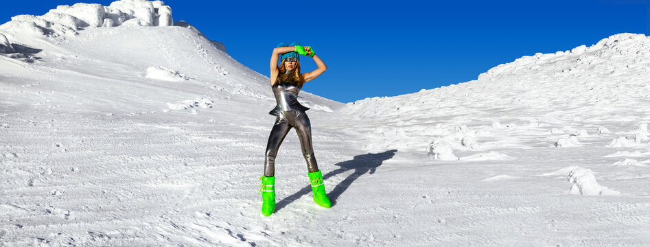 Sexy woman in silver cosmic outfit silver and winter boots is posing in the mountains. Female model in glamour silver jumpsuit in winter scenery.