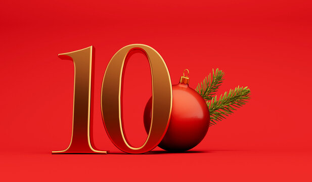 The 12 days of christmas. 10th day festive background gold lettering with bauble. 3D Rendering